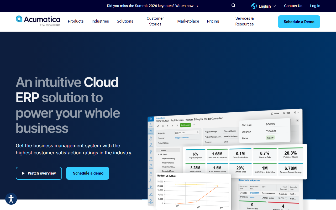 Screenshot of the Acumatica Cloud ERP vendor homepage