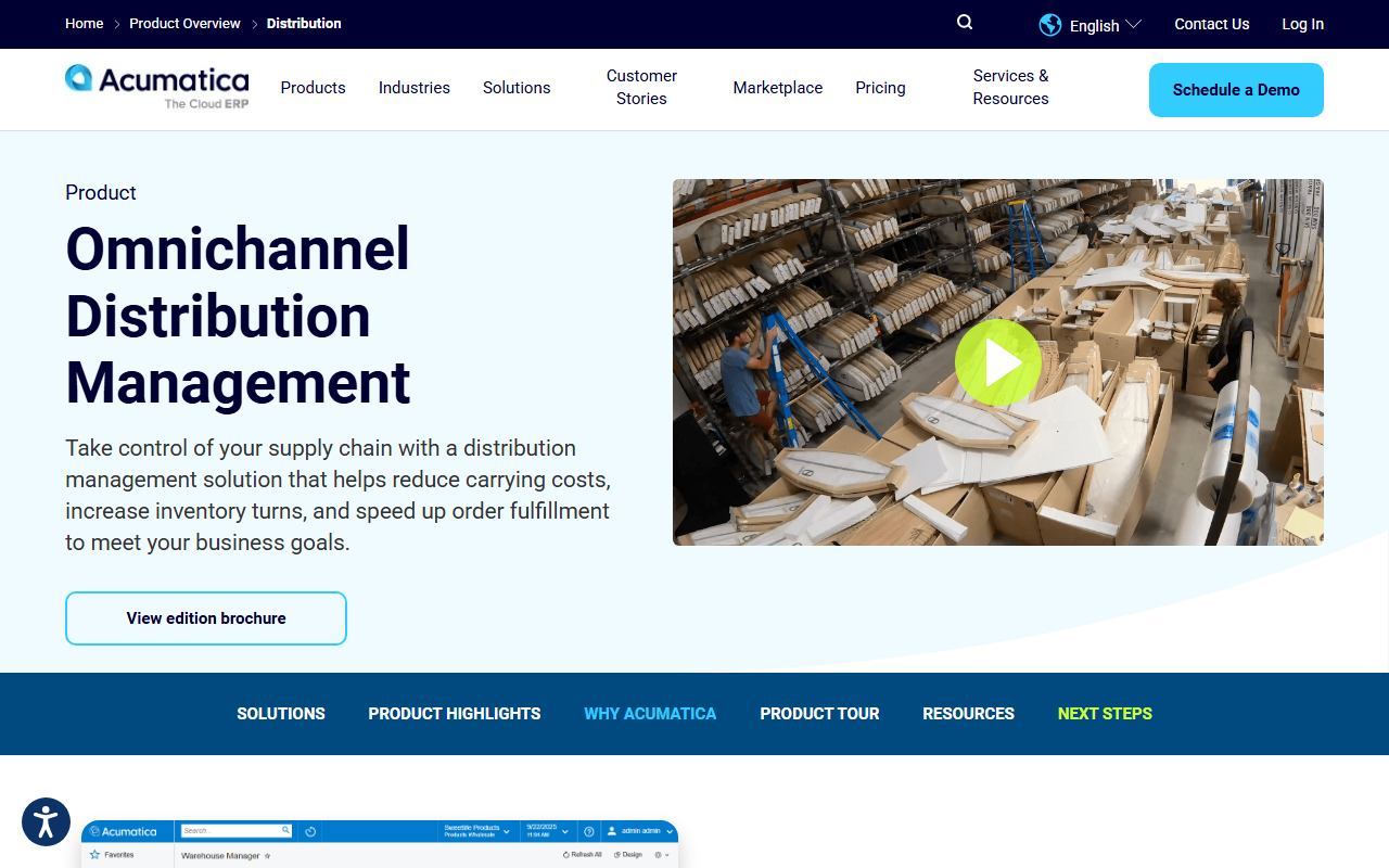 Screenshot of the Acumatica Distribution Edition vendor homepage