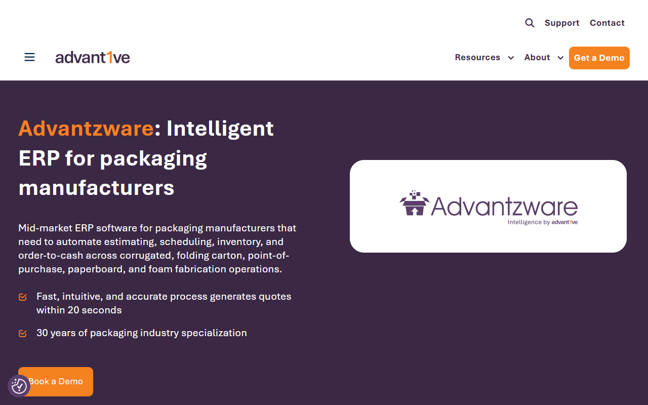 Screenshot of the Advantzware vendor homepage