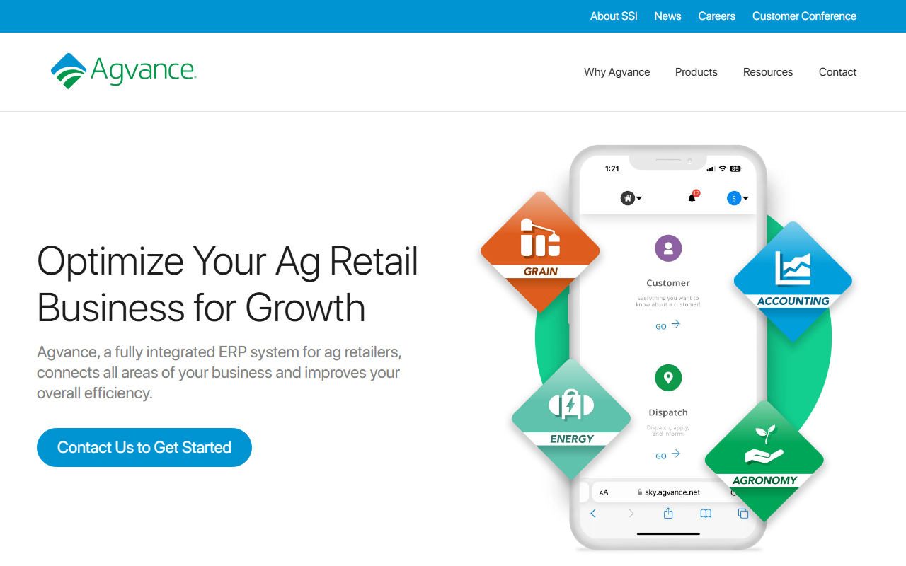 Screenshot of the Agvance (Software Solutions Integrated) vendor homepage