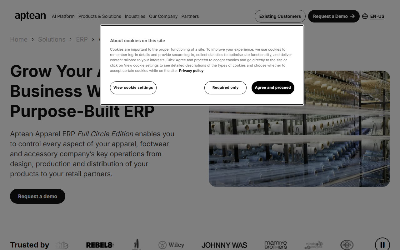 Screenshot of the Aptean Apparel ERP, Full Circle Edition vendor homepage