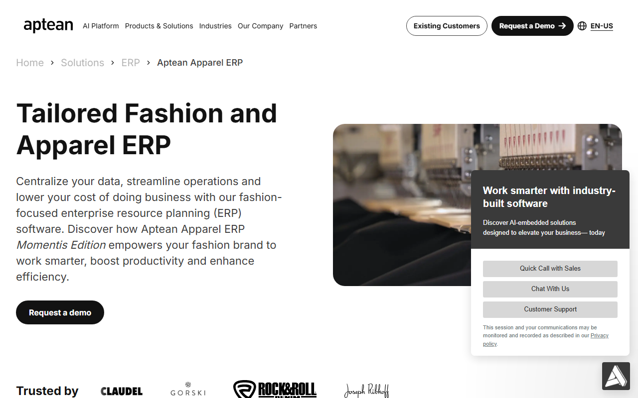 Screenshot of the Aptean Apparel ERP, Momentis Edition vendor homepage
