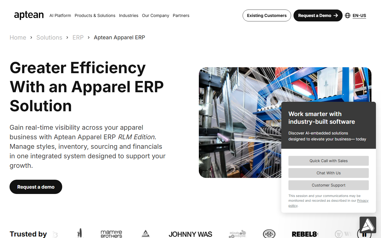 Screenshot of the Aptean Apparel ERP, RLM Edition vendor homepage