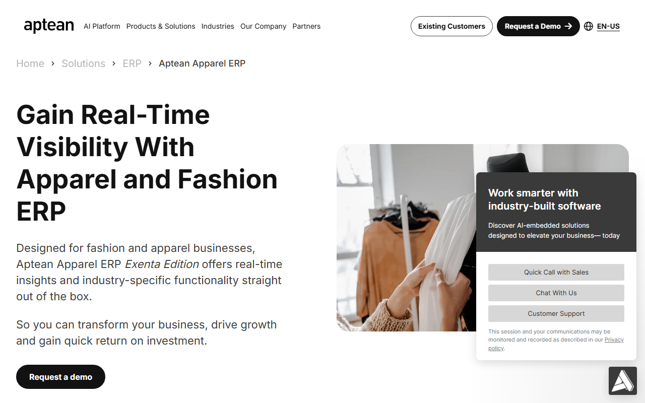 Screenshot of the Aptean Apparel ERP, Exenta Edition vendor homepage
