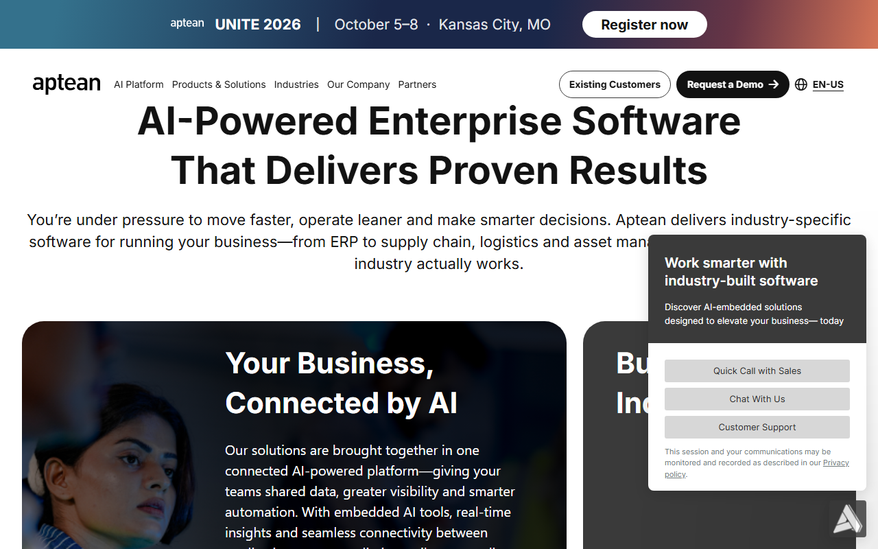 Screenshot of the Aptean Beverage ERP, Drink-IT Edition vendor homepage