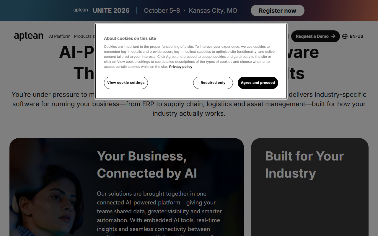 Screenshot of the Aptean Cimnet ERP vendor homepage