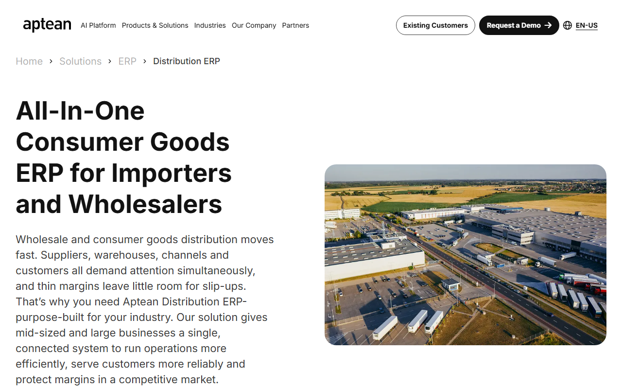 Screenshot of the Aptean Distribution ERP vendor homepage