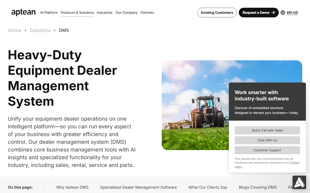 Screenshot of the Aptean Equipment ERP (Aptean Equipment DMS) vendor homepage