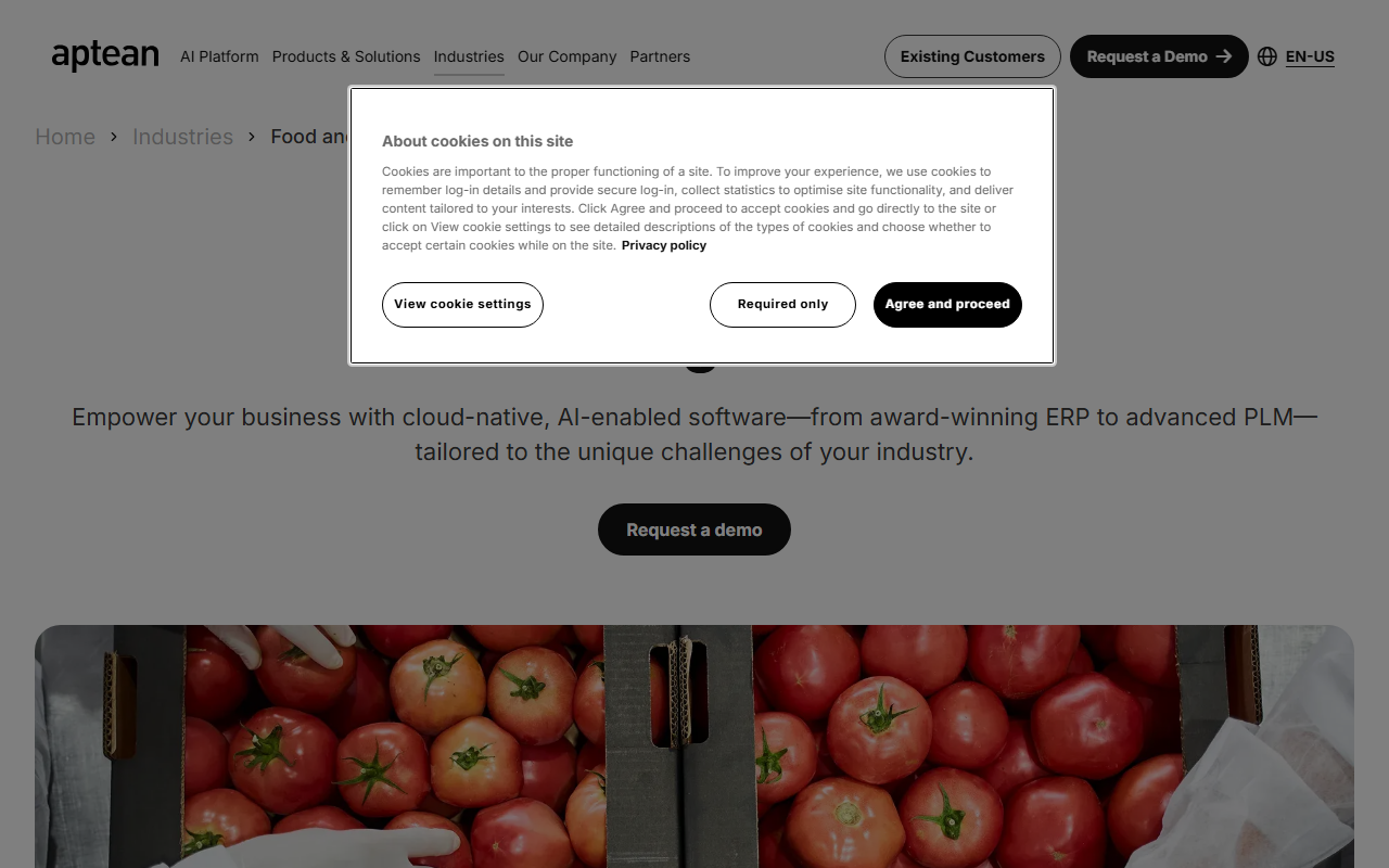 Screenshot of the Aptean Food & Beverage ERP vendor homepage