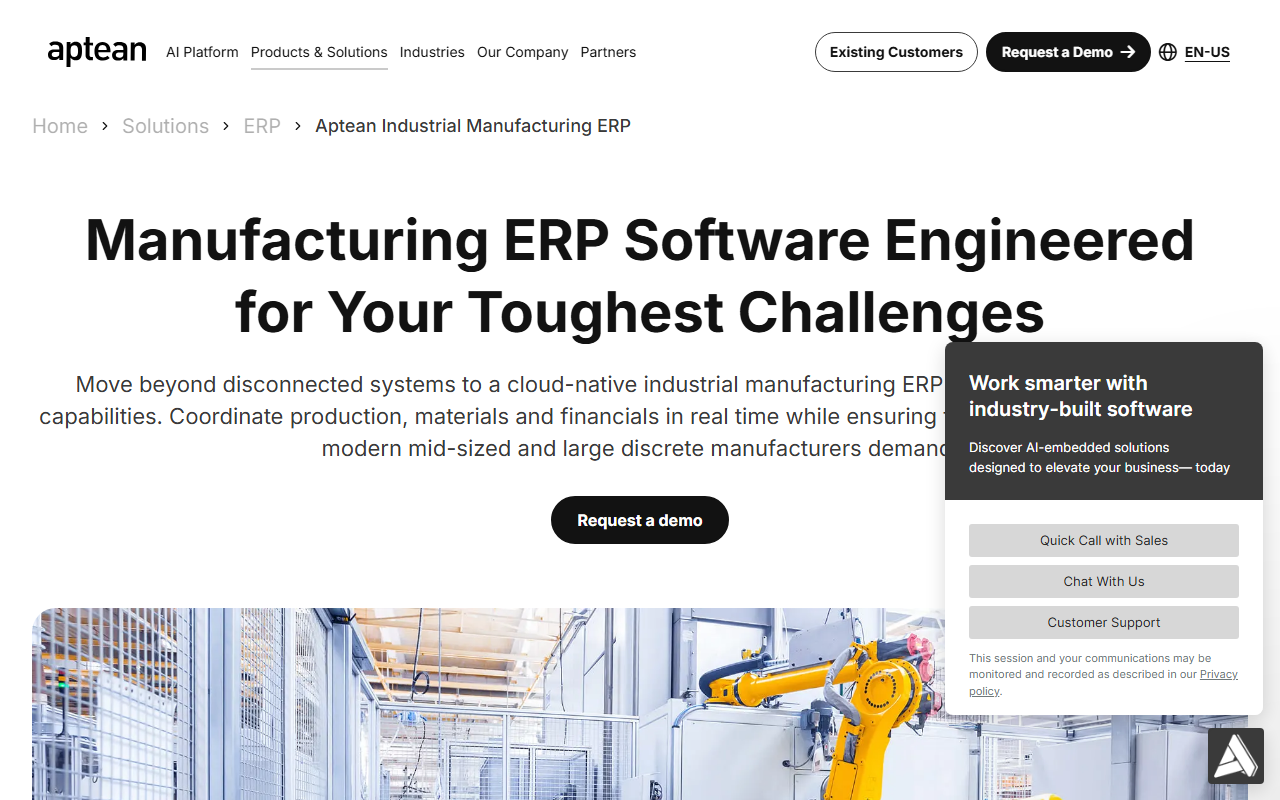 Screenshot of the Aptean Industrial Manufacturing ERP, Intuitive Edition vendor homepage