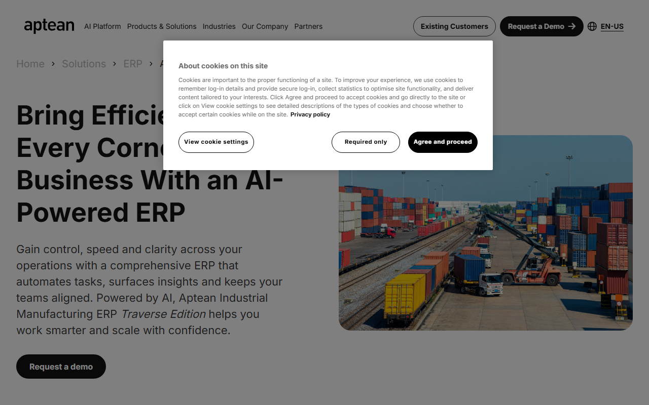Screenshot of the Aptean Industrial Manufacturing ERP, Traverse Edition vendor homepage