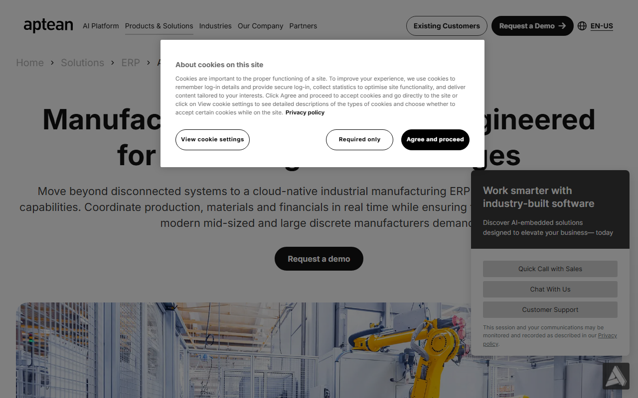 Screenshot of the Aptean Industrial Manufacturing ERP, WorkWise Edition vendor homepage