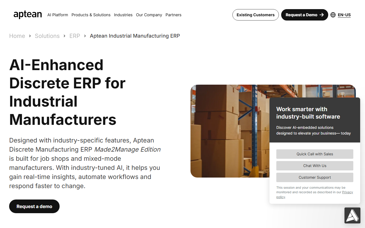 Screenshot of the Aptean Industrial Manufacturing ERP (Made2Manage Edition) vendor homepage