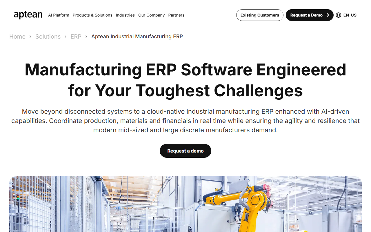 Screenshot of the Aptean Metals ERP vendor homepage