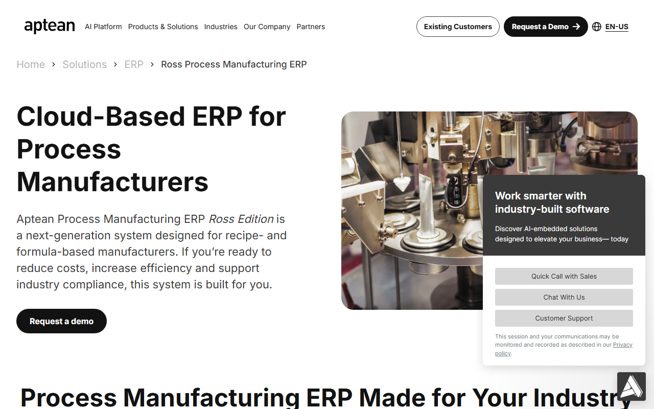Screenshot of the Aptean Process Manufacturing ERP (Ross and ProcessPro Editions) vendor homepage