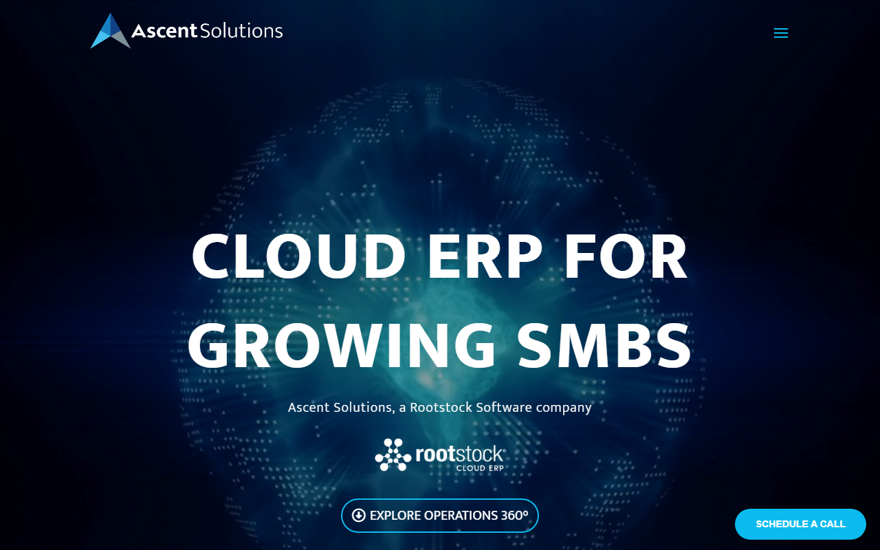 Screenshot of the Ascent ERP vendor homepage