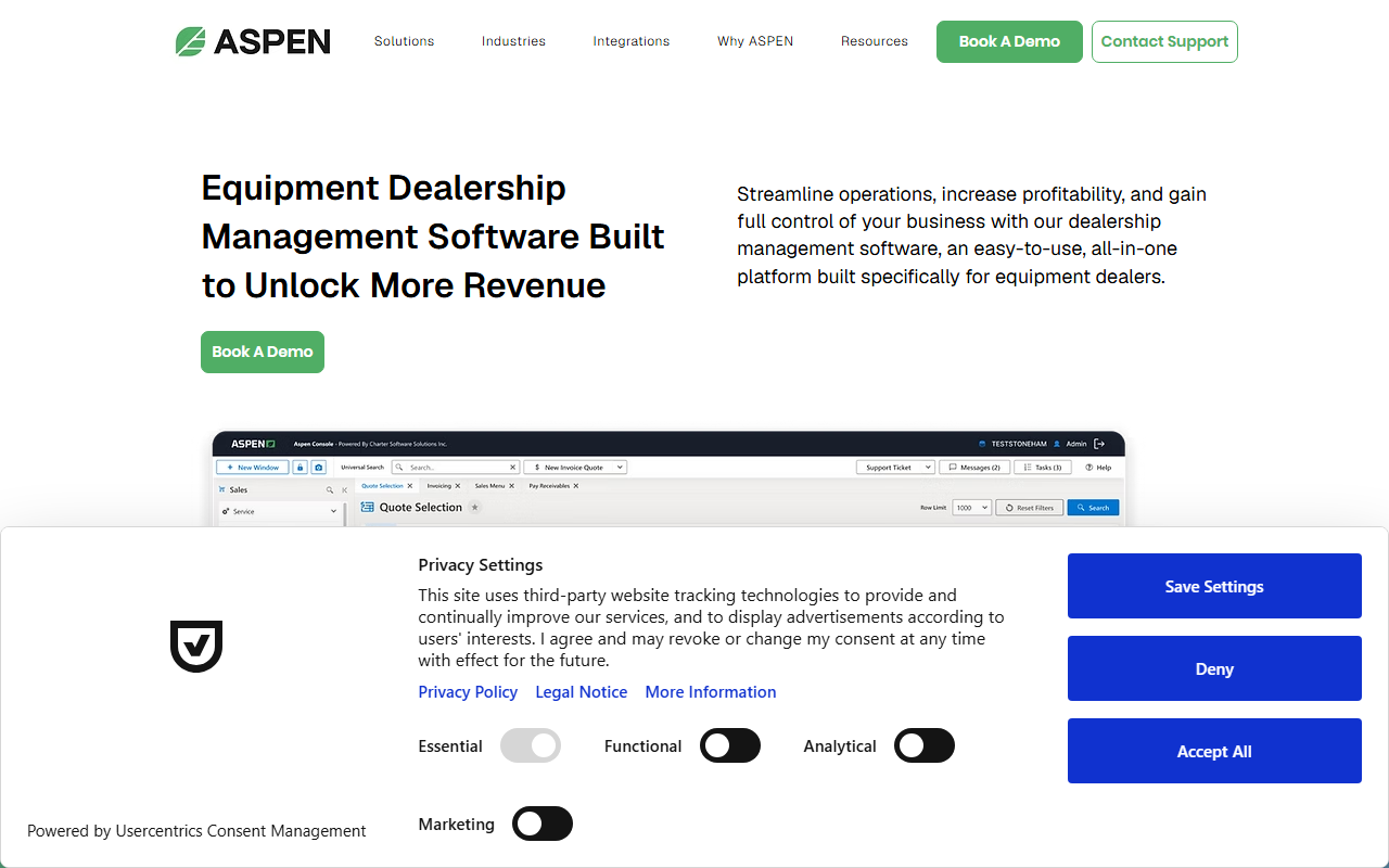 Screenshot of the ASPEN by Charter Software vendor homepage