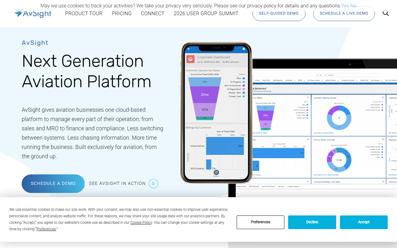 Screenshot of the AvSight vendor homepage