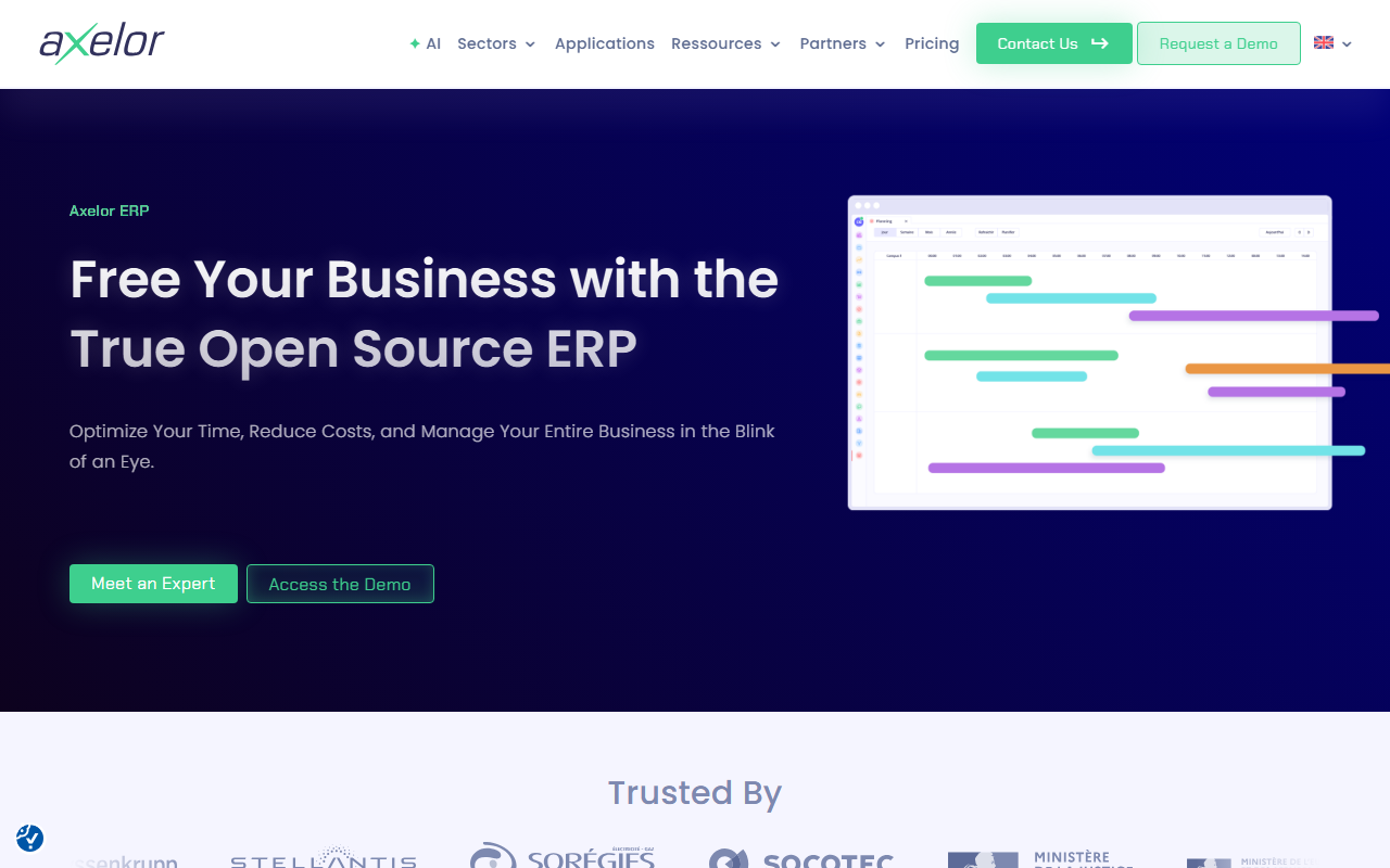 Screenshot of the Axelor Open Suite vendor homepage