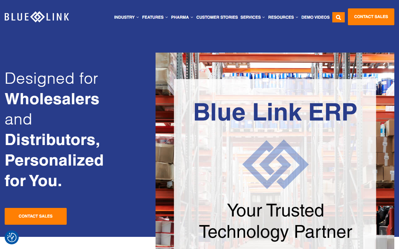 Screenshot of the Blue Link ERP vendor homepage