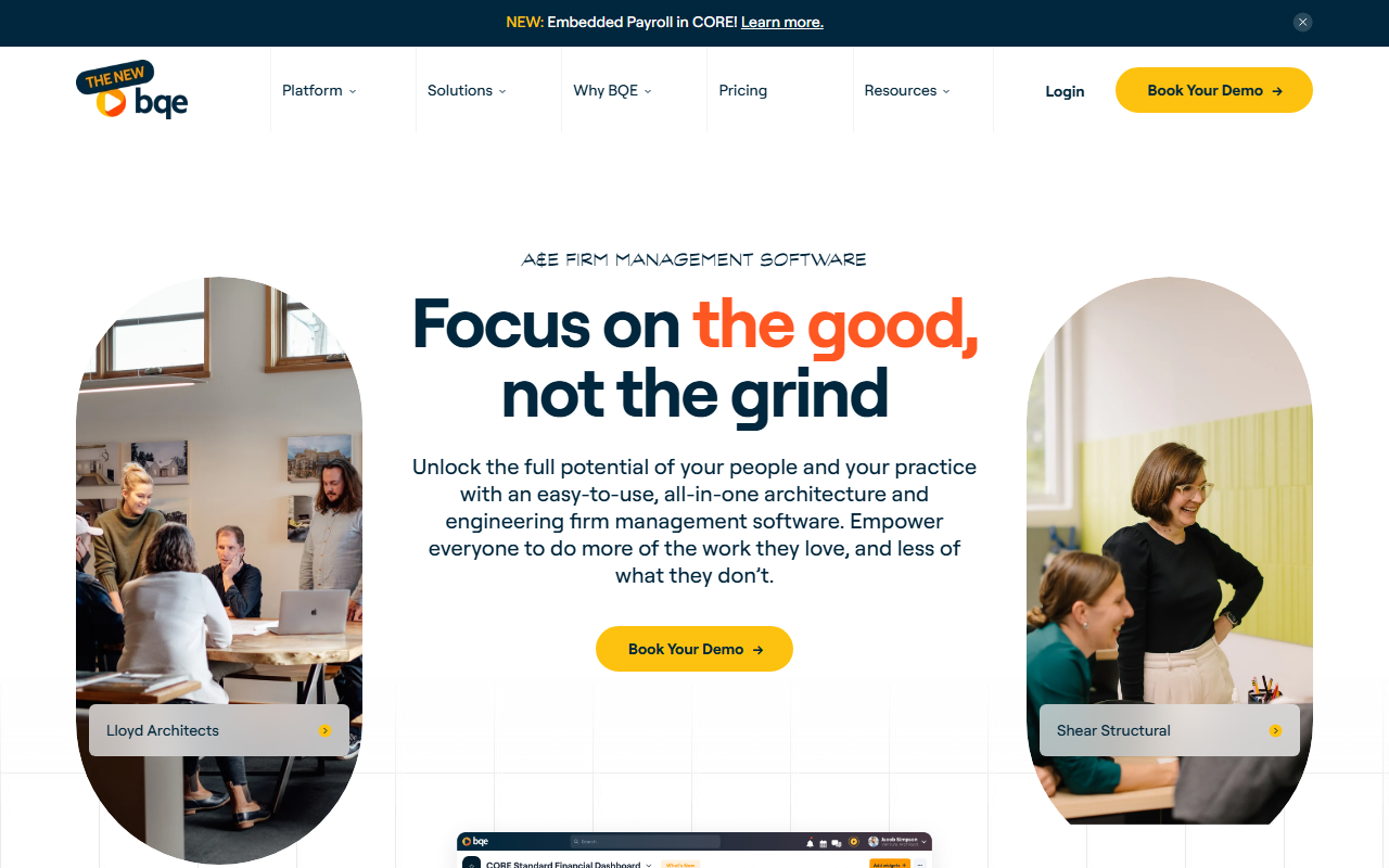 Screenshot of the BQE CORE vendor homepage