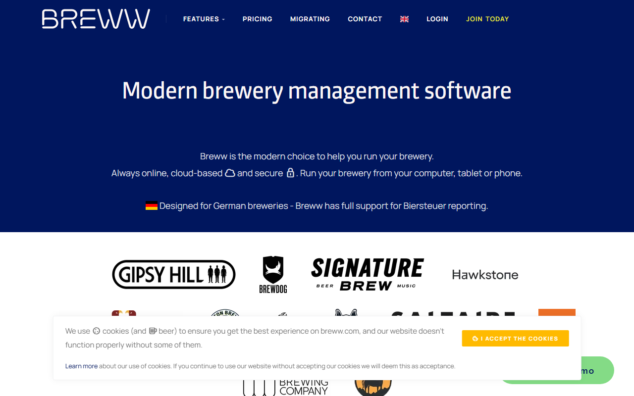 Screenshot of the Breww vendor homepage