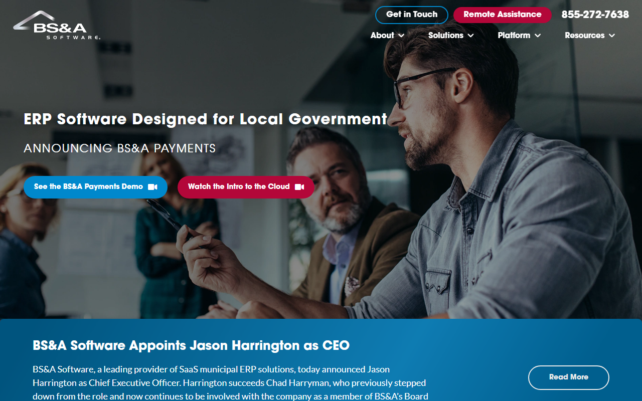 Screenshot of the BS&A Cloud (Financial Management) vendor homepage