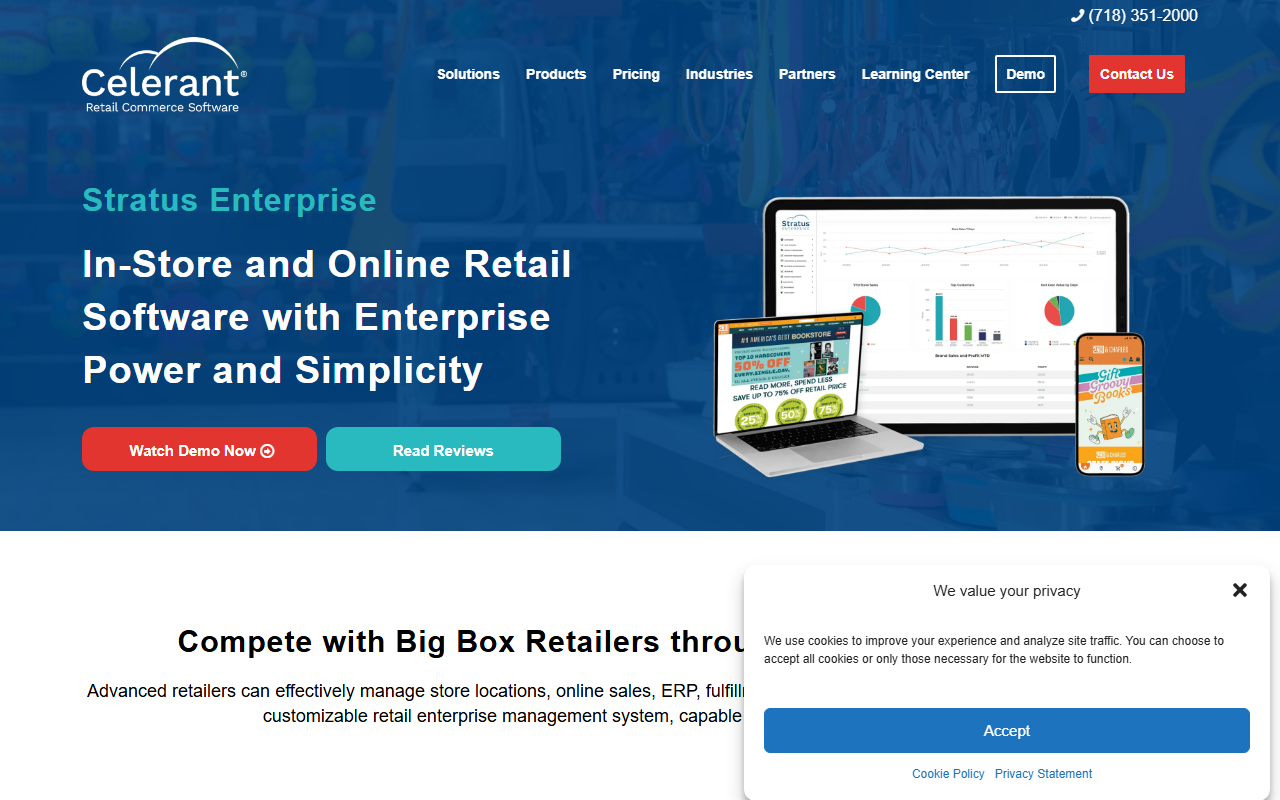 Screenshot of the Celerant Stratus Enterprise vendor homepage