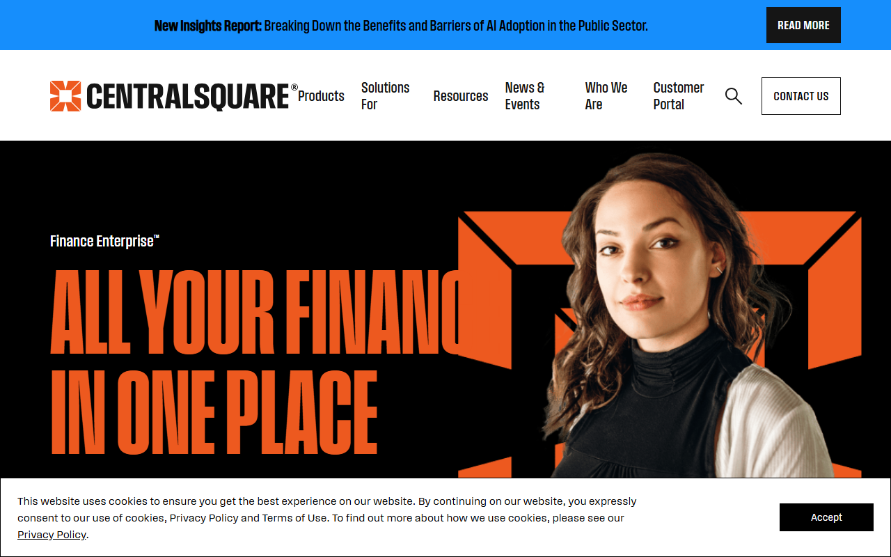 Screenshot of the CentralSquare Finance Enterprise vendor homepage