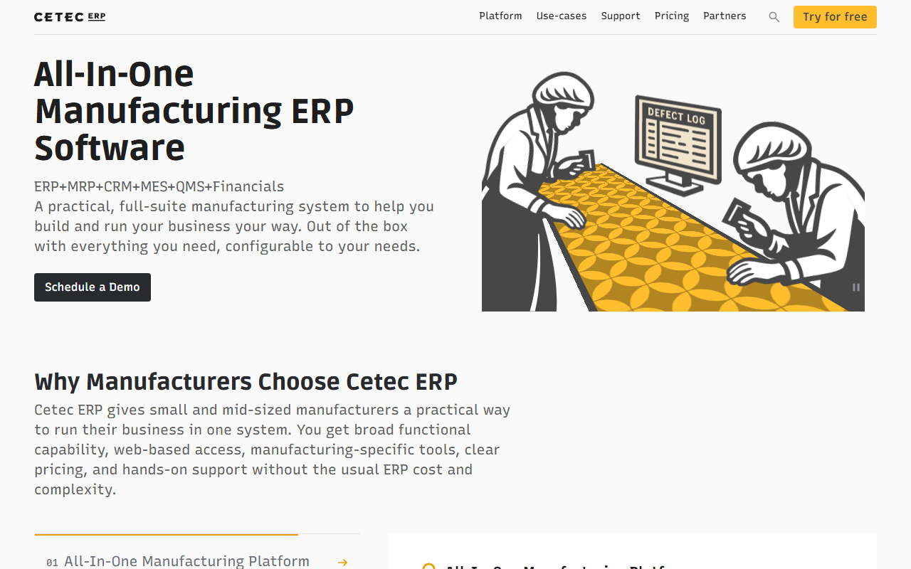 Screenshot of the Cetec ERP vendor homepage