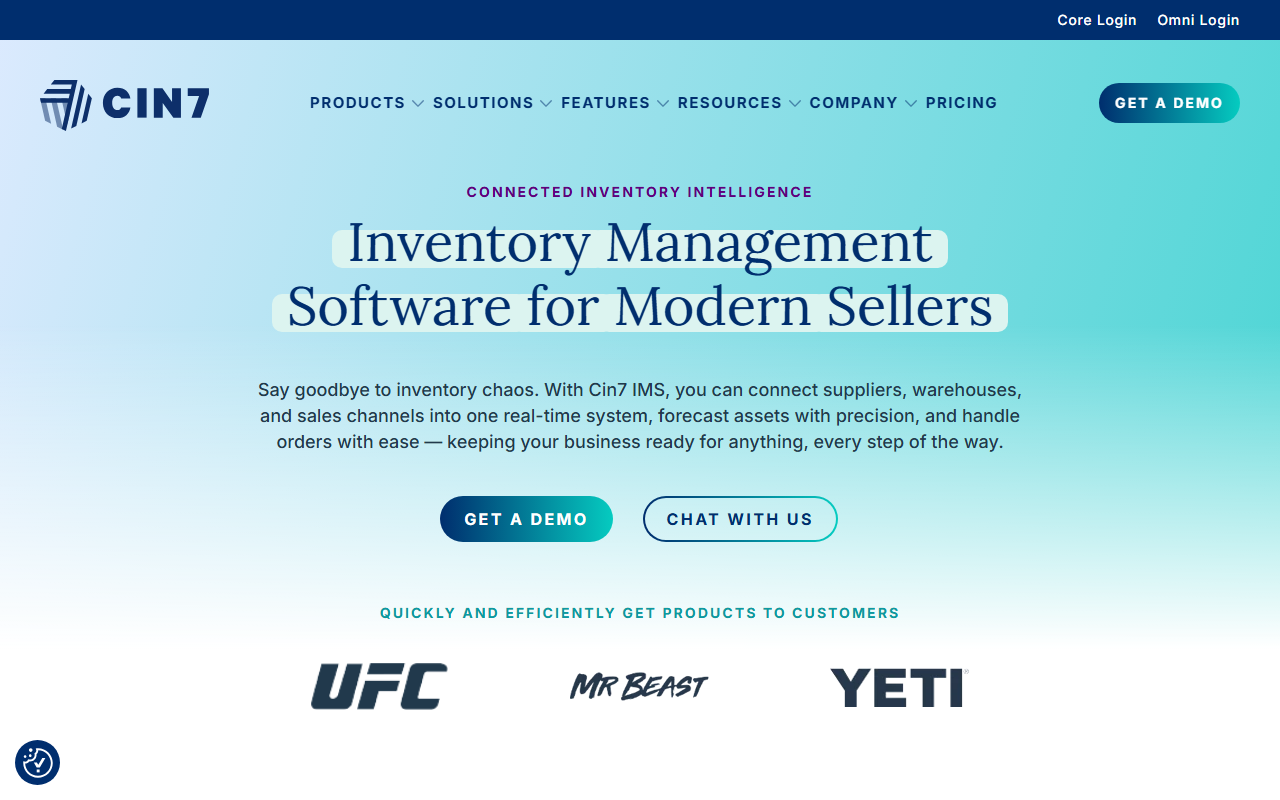 Screenshot of the Cin7 Core vendor homepage