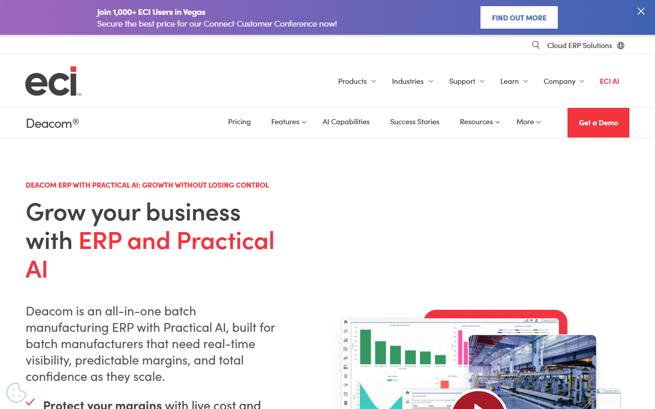 Screenshot of the Deacom ERP vendor homepage