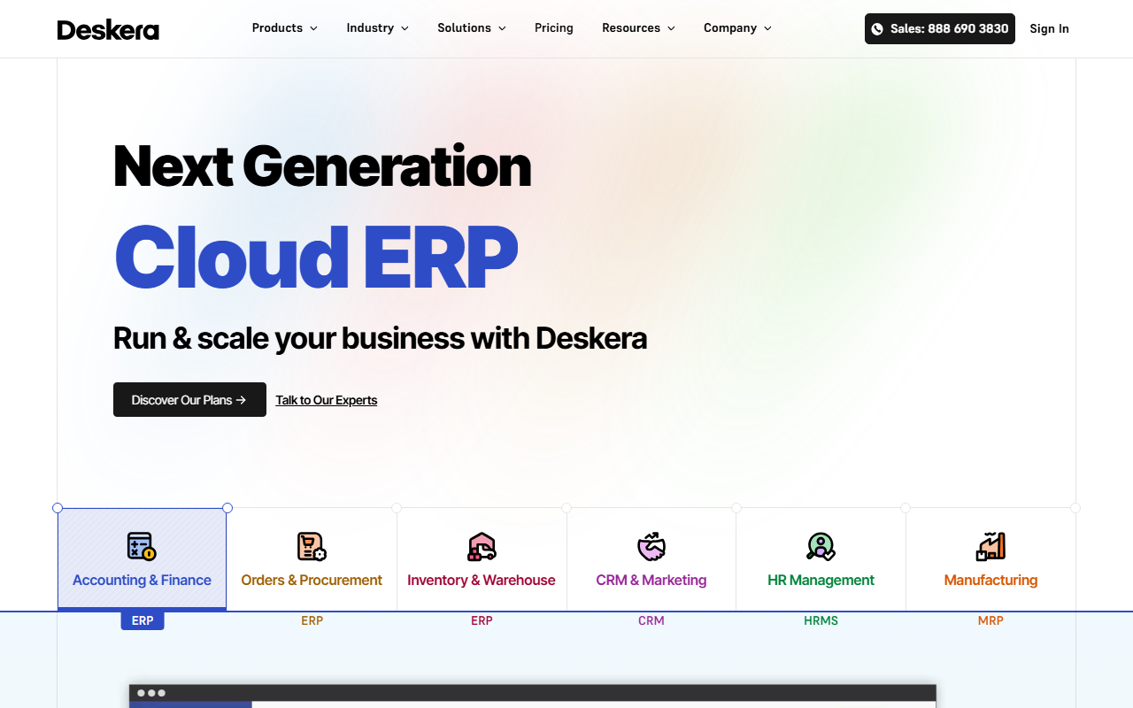 Screenshot of the Deskera ERP vendor homepage