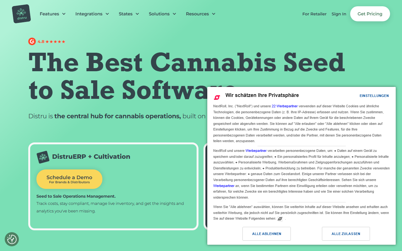 Screenshot of the Distru vendor homepage