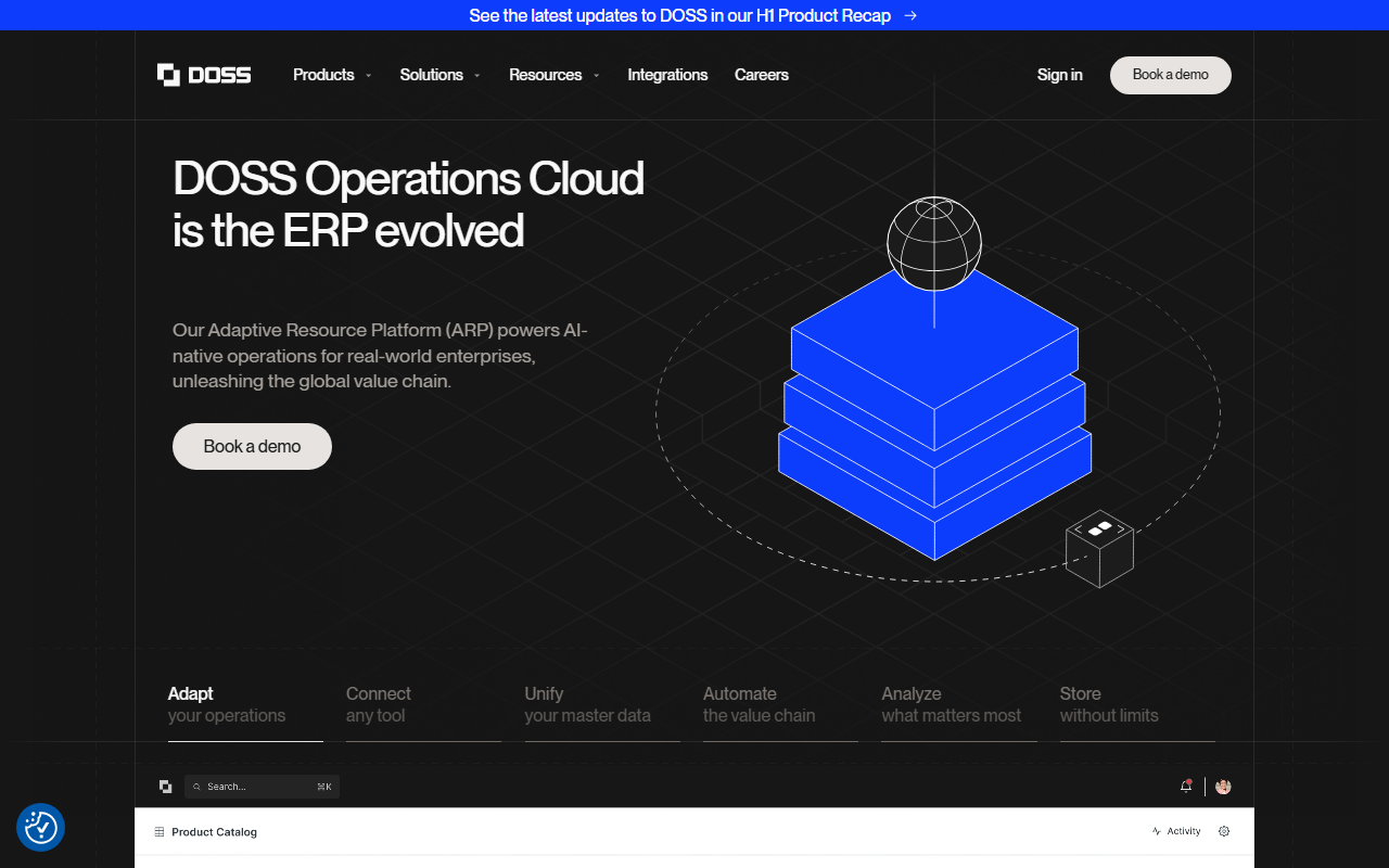 Screenshot of the DOSS Operations Cloud (Adaptive Resource Platform) vendor homepage