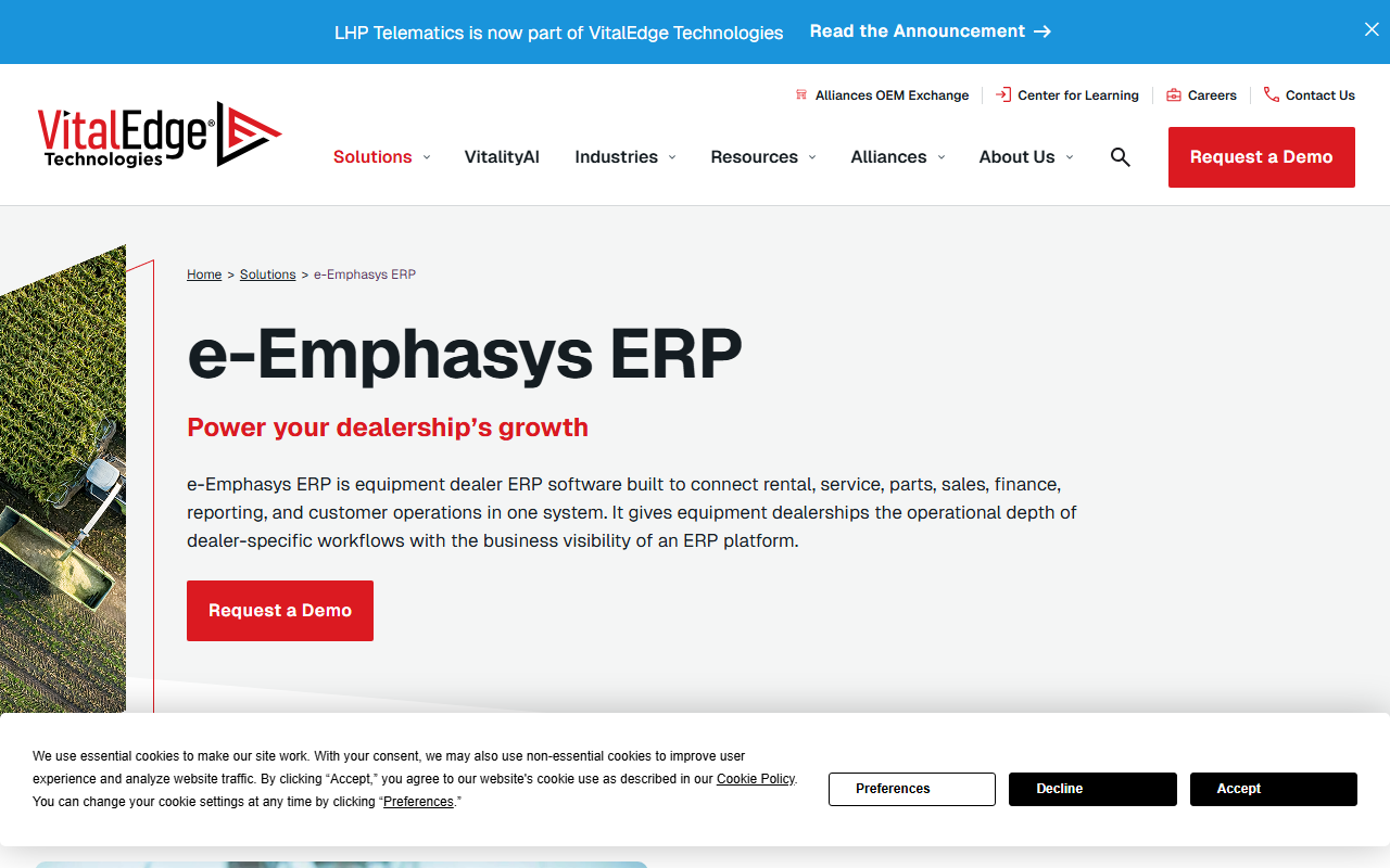 Screenshot of the e-Emphasys ERP vendor homepage
