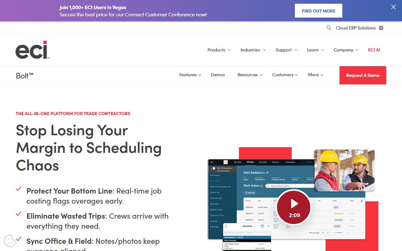 Screenshot of the ECI Bolt vendor homepage