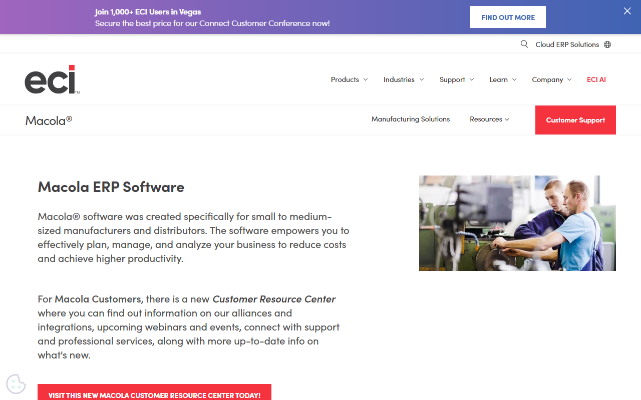 Screenshot of the ECI Macola vendor homepage