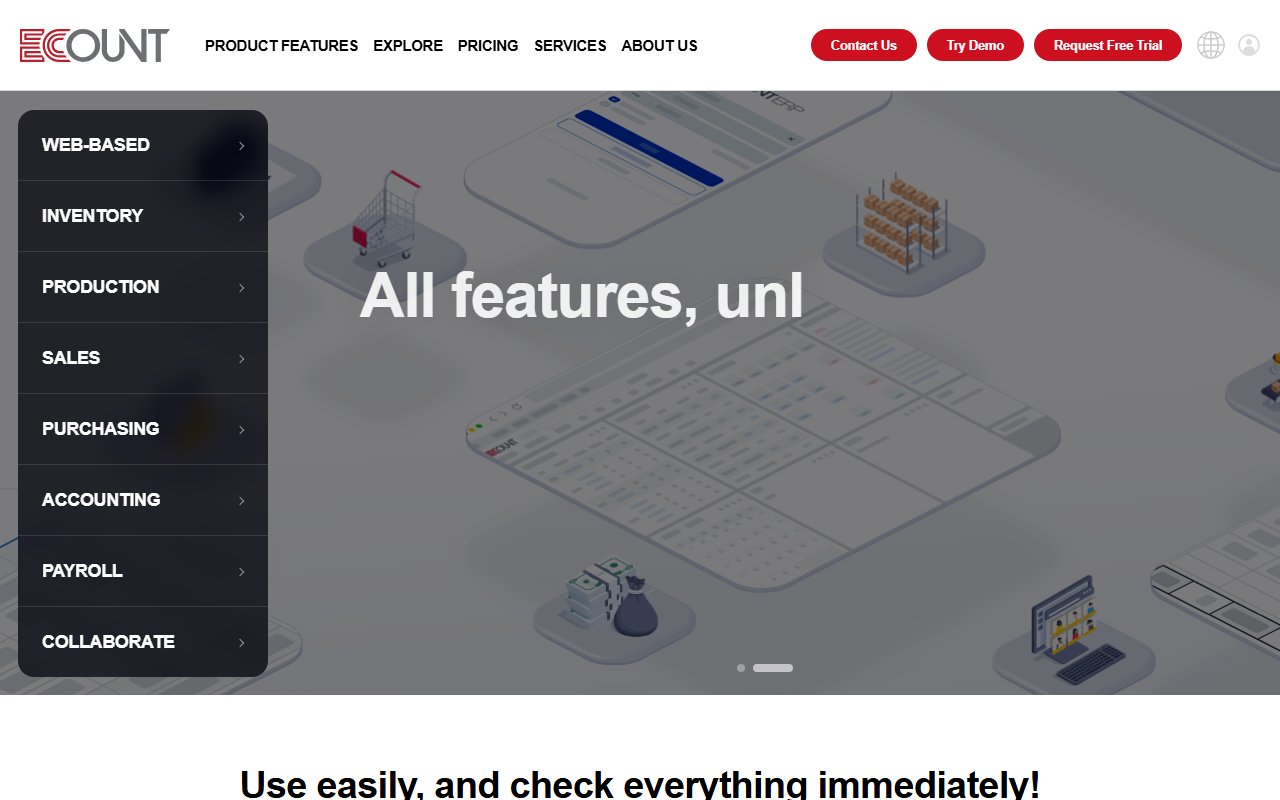 Screenshot of the ECOUNT ERP vendor homepage