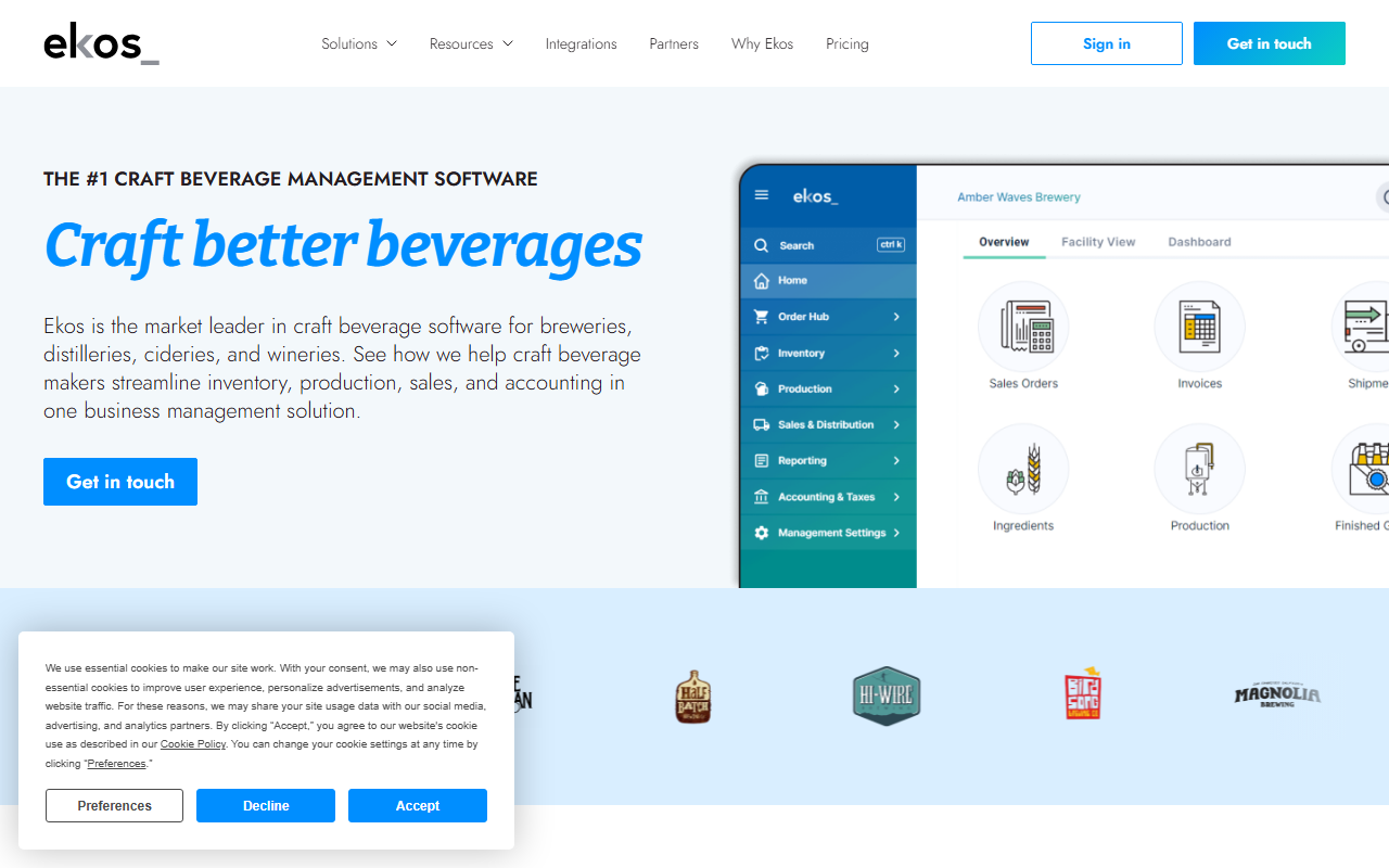 Screenshot of the Ekos vendor homepage