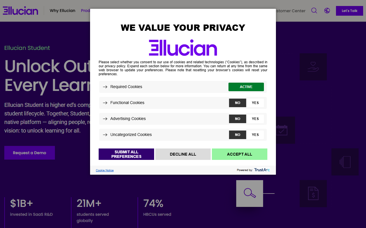 Screenshot of the Ellucian Banner vendor homepage