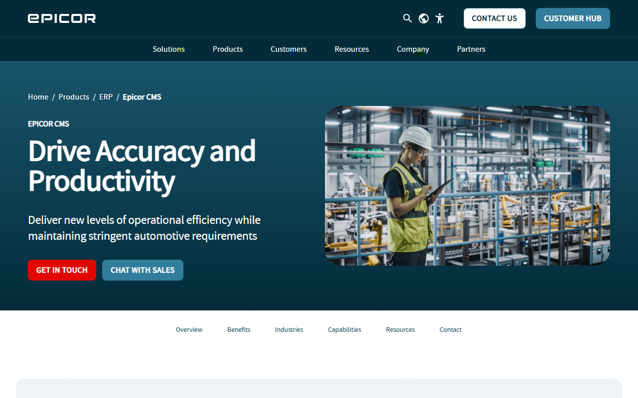 Screenshot of the Epicor CMS vendor homepage