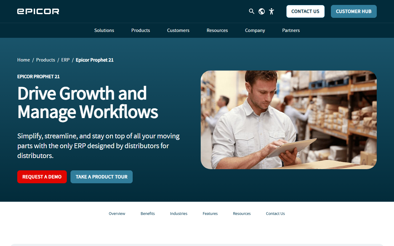 Screenshot of the Epicor Prophet 21 vendor homepage