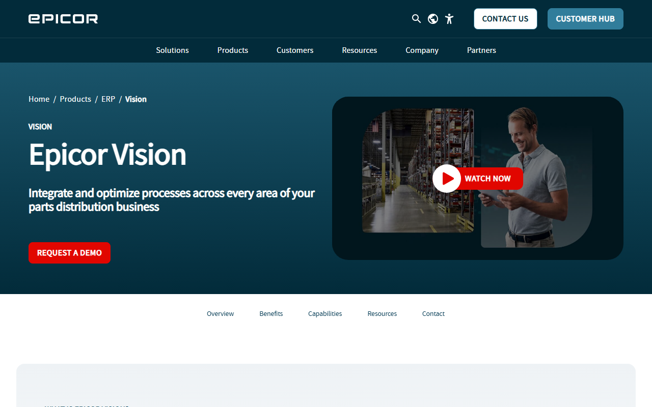 Screenshot of the Epicor Vision vendor homepage