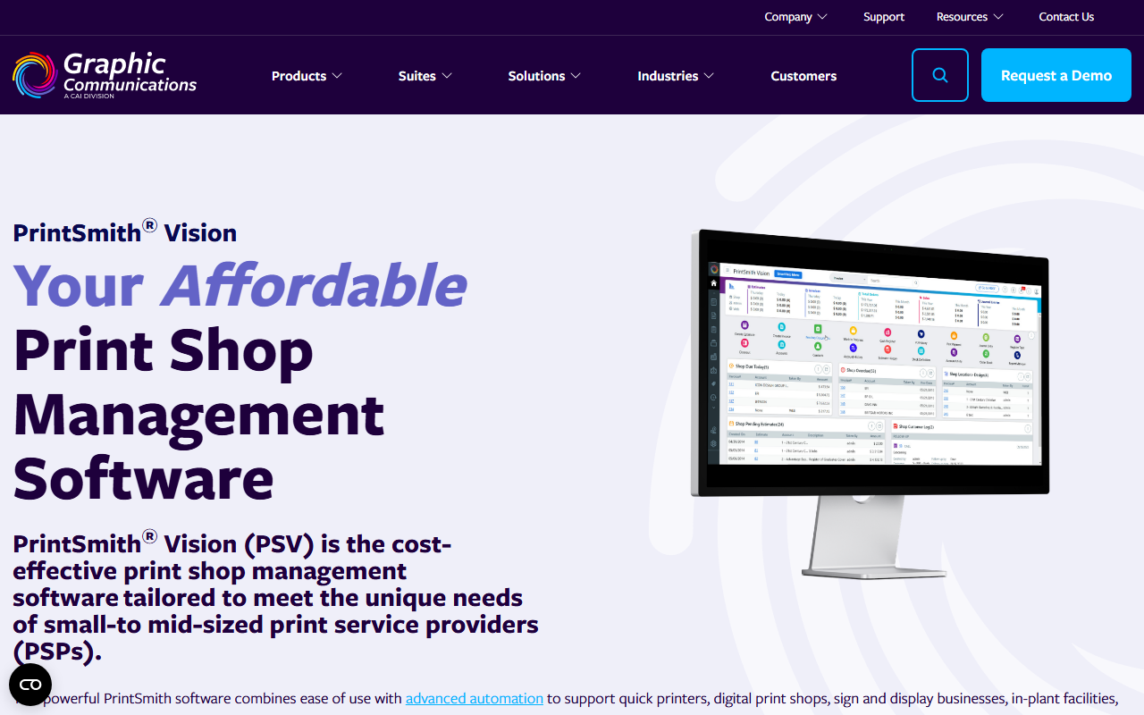 Screenshot of the ePS PrintSmith Vision vendor homepage
