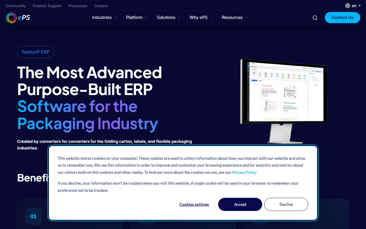 Screenshot of the ePS Radius vendor homepage