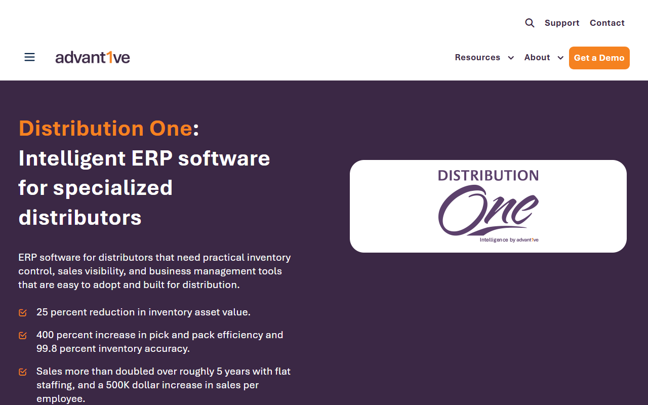 Screenshot of the ERP-ONE (Distribution One) vendor homepage