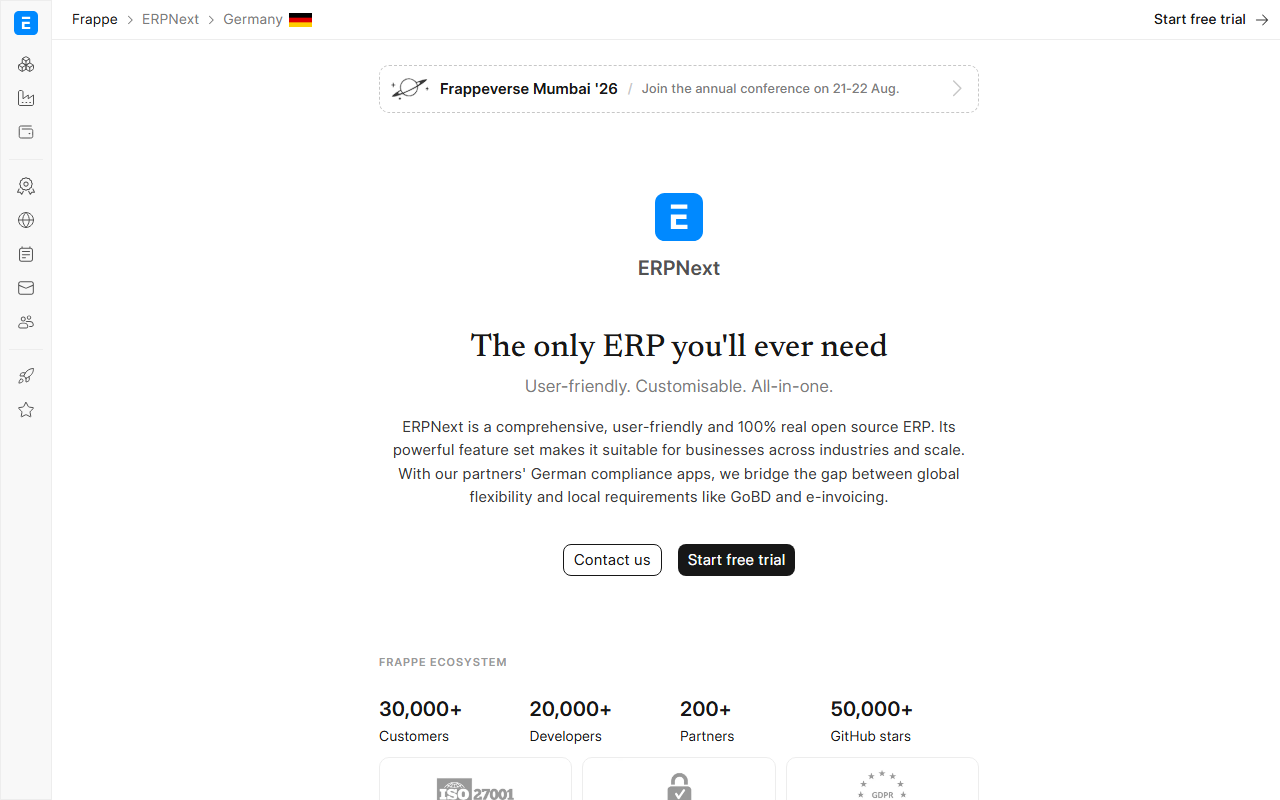 Screenshot of the ERPNext vendor homepage