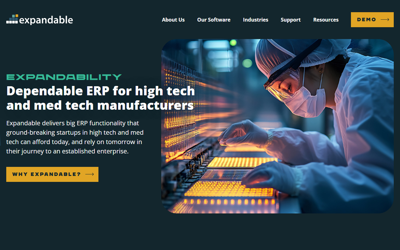 Screenshot of the Expandable ERP vendor homepage
