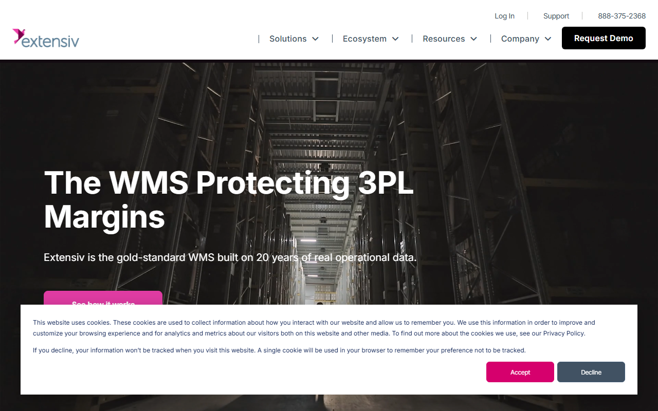 Screenshot of the Extensiv 3PL Warehouse Manager vendor homepage